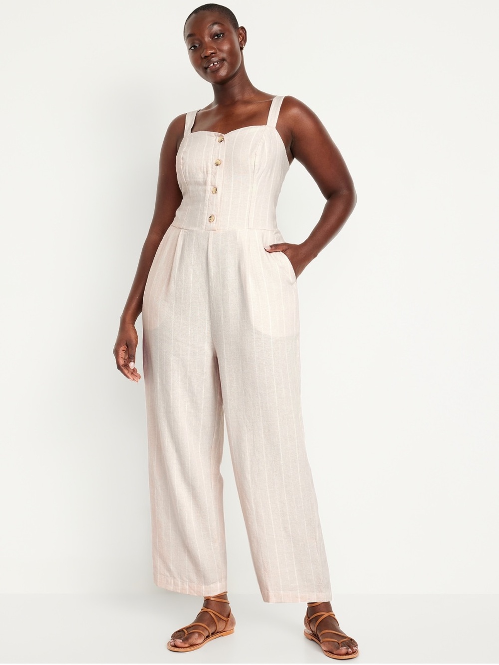 Old Navy Neutral Stripe Button-Front Linen-Blend Cami Jumpsuit